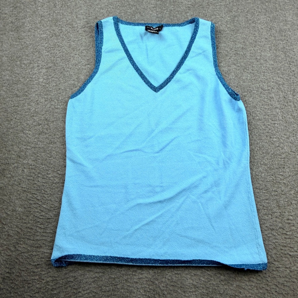NYBASED Light Blue Metallic Trim V-Neck Knit Tank Top Women's S Sleeveless Shell